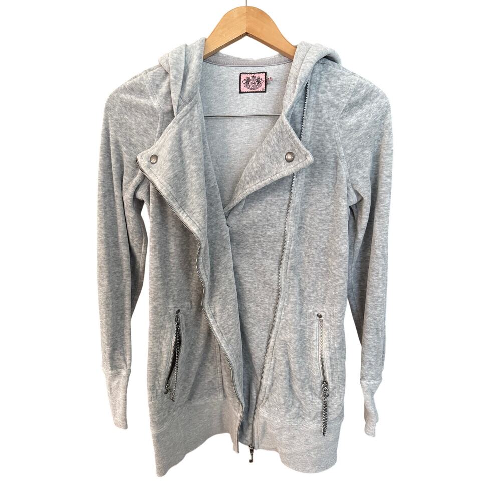 Vintage Y2K Juicy Couture Gray Long Fleece Moto Full-Zip Hoodie Jacket Pockets-M